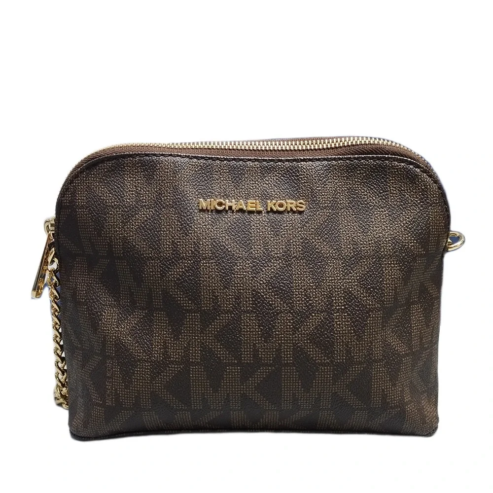 Michael Kors Jet Set Crossbody Bag Womens Brown Allover Logo Print Chain Strap